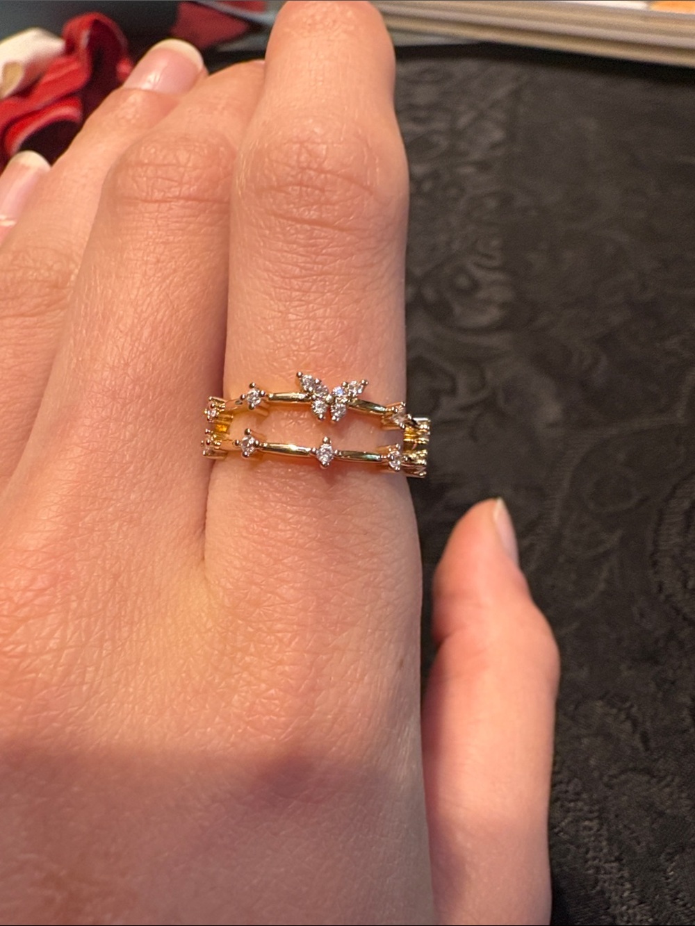 Gold Floral CZ Double Band Ring - Women Jewelry
